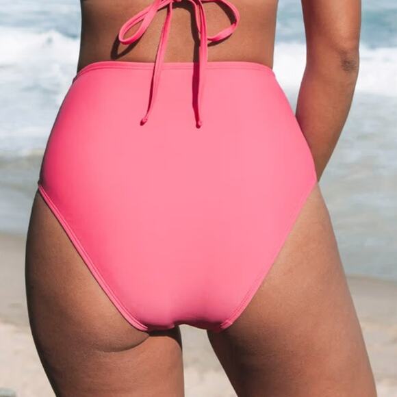 Cupshe Shirred Classic High Waist Swim Bikini Bottom Mercury Retrograde Pink XS - Picture 2 of 10